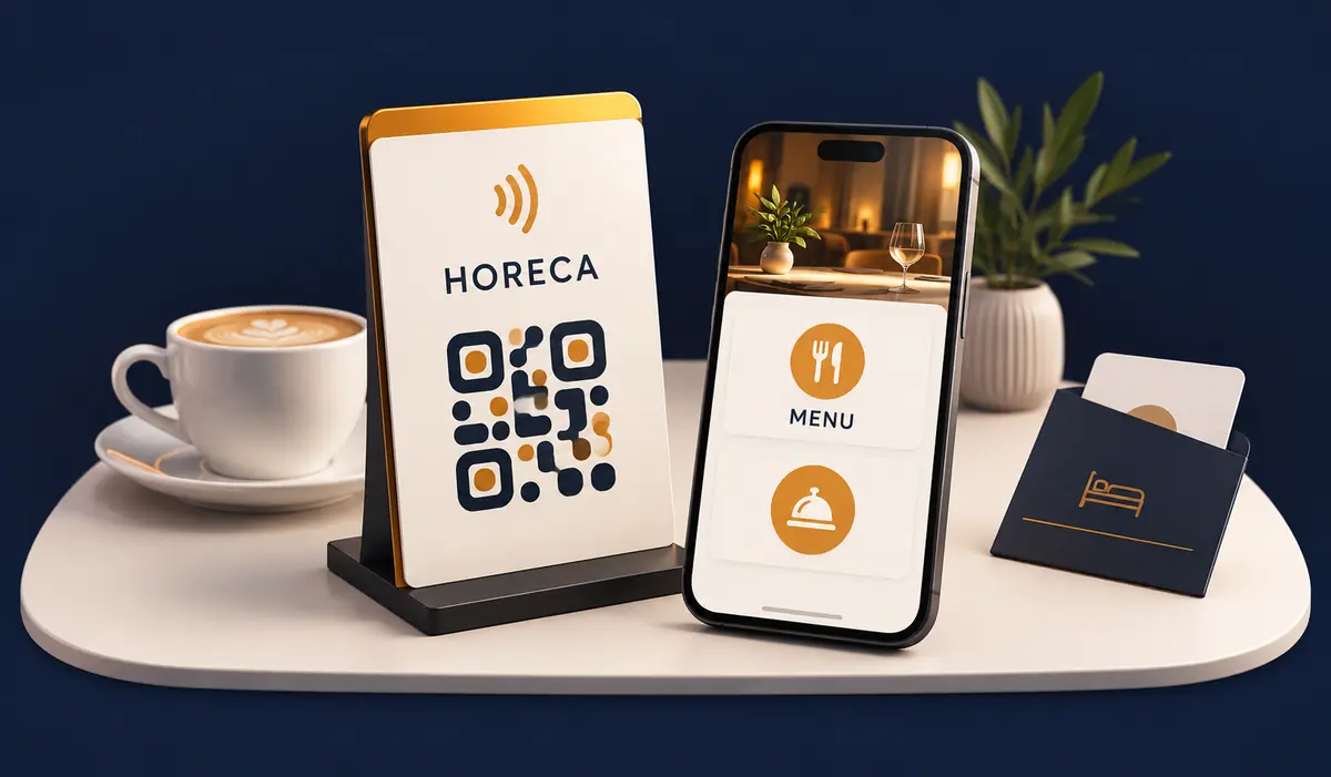 Ilustracja Lolisoft HORECA ze znacznikiem QR i NFC oraz telefonem gościa.