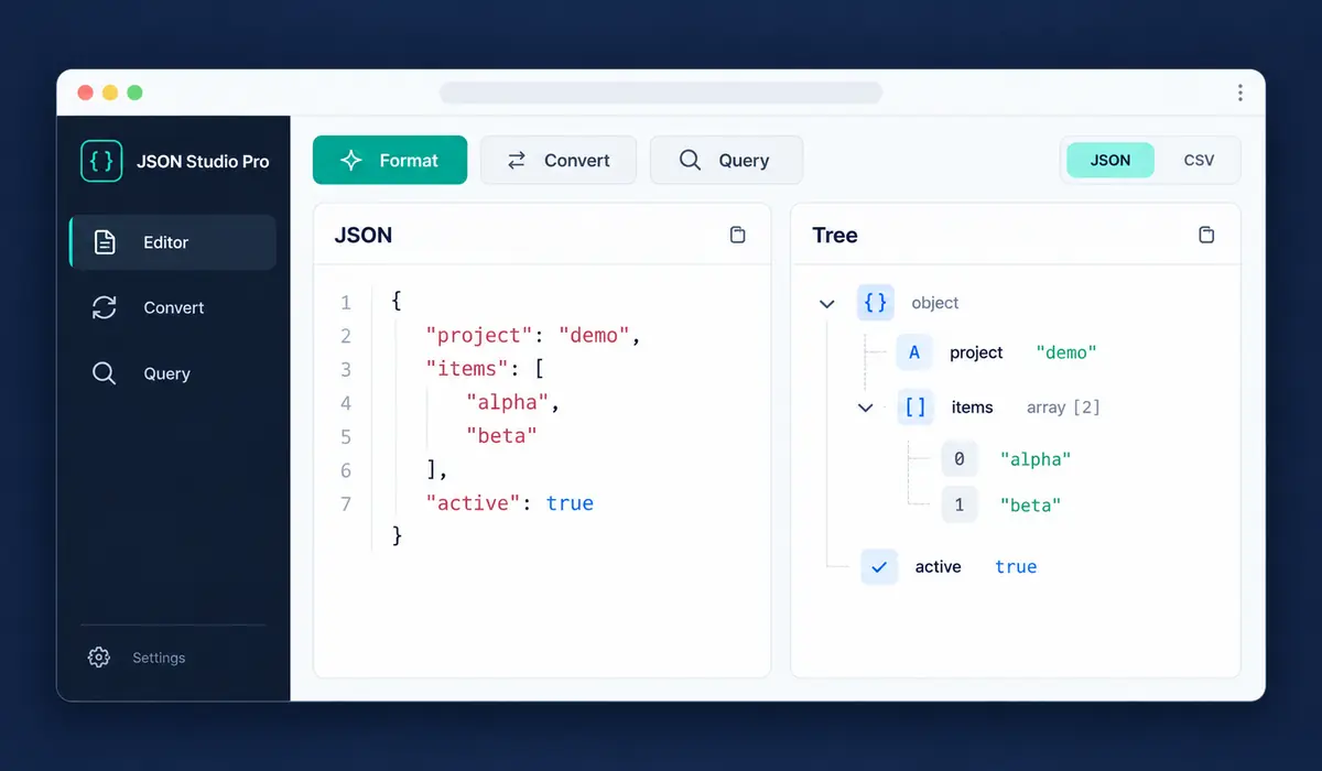 Ilustracja JSON Studio Pro z edytorem danych strukturalnych i widokiem drzewa.